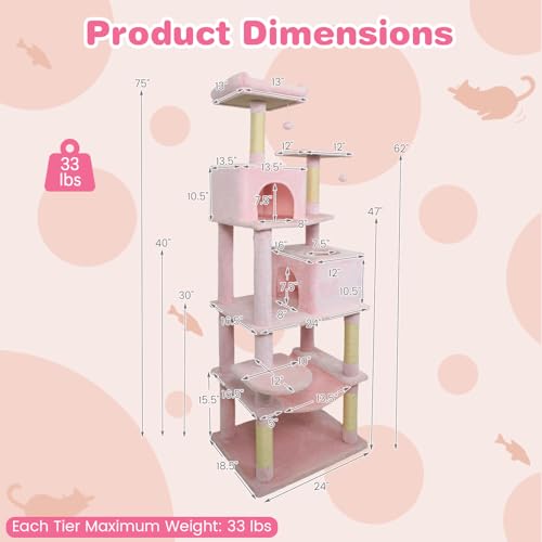 Torre para gatos indoor 75 pulgadas con postes de sisal rosa miniatura 4