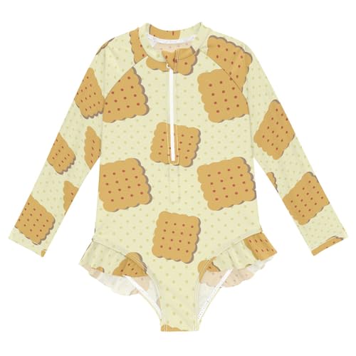 Ollabaky Baby Girls Long Sleeve Swimsuit Cracker Biscuit One Piece Bathing Suit Rash Guard UPF50+ Toddler Girl Swimwear, 11-12T Multi