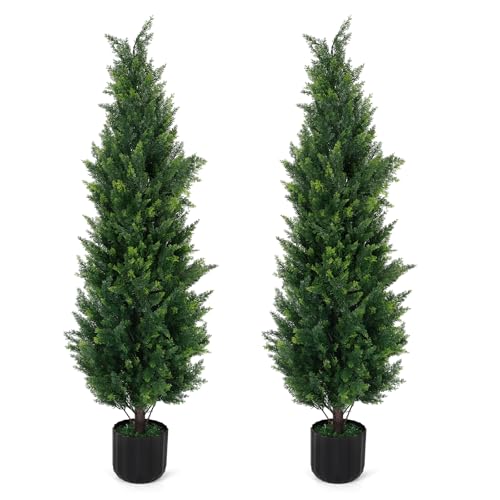 4Ft Artificial Cedar Topiary Trees, 2 Pack Tall Faux Pine Cypress Plants for Front Porch...
