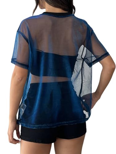 OYOANGLE Women's See Through Top Metallic Mesh Sheer Short Sleeve Rave T-Shirt2