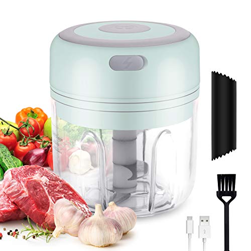 Electric Garlic ChopperGarlic PressWireless Portable Vegetable Chopper with Three BladeUSB Charging Mini Onion Chopper for GarlicOnionsFruitsPepperMeatChili-250mlGreen