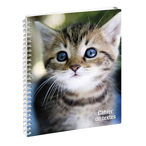Exacompta - 999165E - Cahier de textes Animaux - Couverture pelliculée avec spirale métal et onglets de couleurs hebdomadaires détachables - 17 cm x 22 cm - Motif chat
