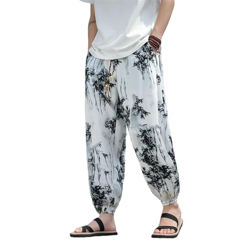 Style chinois pour homme en été : pantalon harem motif floral en soie de glace fluide et frais