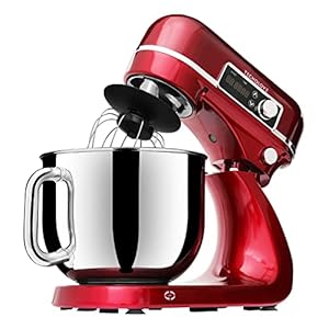 Stand Mixer 6.3 QT, 12 Speeds 300W DC Motor, Planetary Action, Digital Timer with Stainless Steel Mixing Bow, Dough Hook, Flat Beater, Whisk and Splash Guard (Red)