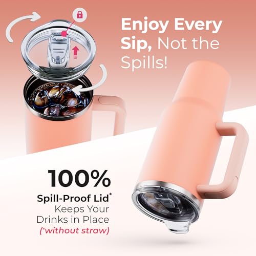 tweevo 40 oz Tumbler With Handle and Straw Made of Stainless Steel - Double Wall Vacuum Insulated Tumbler With Lid - Sweat Proof Easy Grip, BPA-Free, Dishwasher Safe Tumbler (Peach)