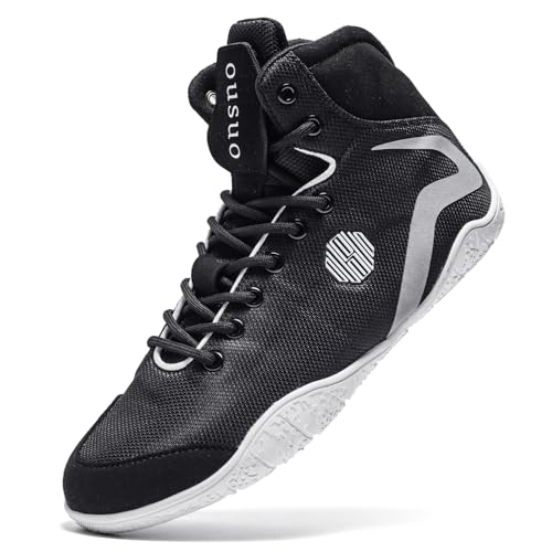 OUSUO Mens Boxing Shoes Wrestling Shoes High Top Fitness Sneakers Powerlifting Boots Zero Drop Sole Black&White 8