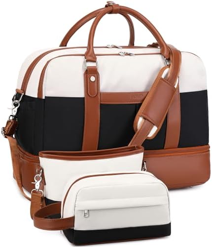 BOVIP Weekender Bags for Women Overnight Bag Large Canvas Travel Duffel Bag with Shoe Compartment Carry On Tote Bag for Airplane Travel Gym 3-IN-1 Black White Set