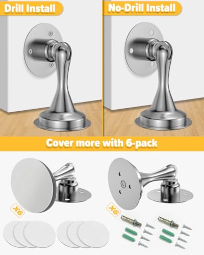 Image of Door Stoppers Magnetic Door Catch - 6 Pack Stainless Steel Heavy Duty Door Holder Stops for Bottom of Door - Wall Floor Mounting No Drill Strong Adhesive & Screws Strong Magnet Keep Door Open(Silver)