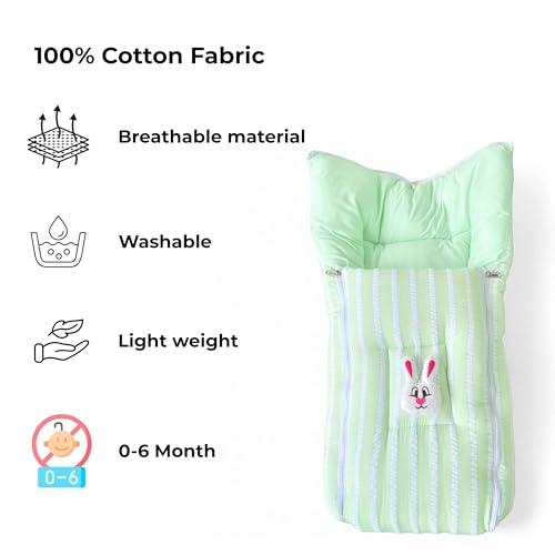 Image of VoiDrop Cotton Baby Sleeping Bag for Newborns Soft & Cozy Infant Carry Nest | Baby Portable Travelling Bed for Baby Carrying & co Sleeping, Unisex Baby Sleeping Bed | Stripe Print in Green Color