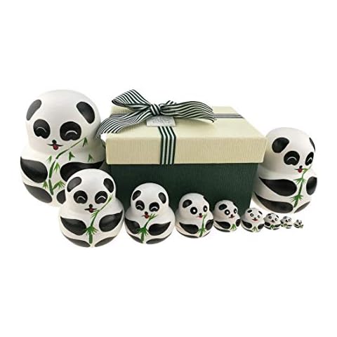 Apol Set of 10 Big-Belly Wooden Handmade Panda Bear with Bamboo Nesting Dolls Matryoshka Russian Doll in a Box with Bow for Kids Toy Home Decoration New Year Cover
