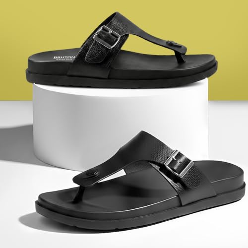 Image of BRUTON Men's STRIVO-1141 Wedge Sandals | Adjustable Buckle Toe Ring Comfort Sandals | Lightweight Cushioned Footbed | Anti-Slip Casual Outdoor & Daily Wear Footwear | Black