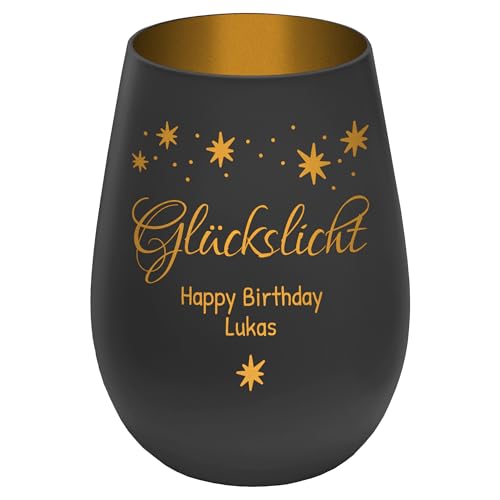 Graviertes Windlicht Glückslicht - personalisierbar mit Wunschtext - Schwarz/Gold - Höhe 12 cm - Geschenk Teelichthalter Kerzenglas