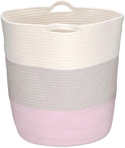 Navaris Cotton Rope Storage Basket with Handles - Hamper for Nursery, Toys, Laundry, Washing, Towels, Blankets, Shoes - Extra Storage Bin - Pink