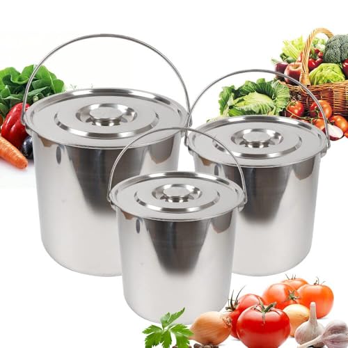 Cubo de acero inoxidable para alimentos, 6 L, 12 L, 20 L, para alimentos, leche, jardín, construcción, con asa y tapa para gastronomía (12 L)