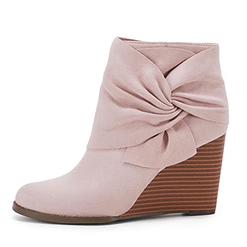 Fashare Womens Wedge Booties Ankle Heels Boots Bow Knot Stacked Heeled Winter Dress Shoes Pink #TOP3