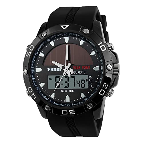 AZPINGPAN Montre de Sport pour Homme à énergie Solaire, Montres Militaires numériques étanches 50M avec Lumineux/chronographe/Alarme pour Hommes, Montre-Bracelet analogique rétro-éclairé EL