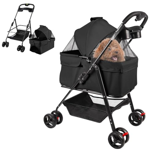 OHMG Cochecito 3 en 1 para perros y gatos, con cesta de almacenamiento, 4 ruedas, plegable, ligero y práctico, extraíble