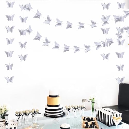 Image of BEISHIDA 5 Pieces White 3D Butterfly Paper Garland Hanging Decorative Banner for Home Ceiling Decor Birthday Party Baby Shower Wedding Theme Showcase Decoration Supplies Total 393 Inch Length