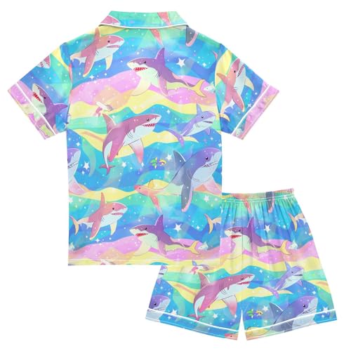ALAZA Cute Shark Whale Rainbow Satin Pajamas Set Short Sleeve Button Down Sleepwear Summer Pjs 2 Piece2
