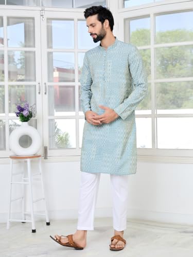 Image of See Designs Men's Full Sleeve Mandarin Collar Floral Embroidered Mandarin Collar Thread Work Straight Long Kurta - Festive Collection