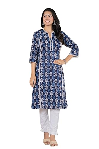 Image of Women's Cotton Straight Kurti with Geometric Print, 3 /4 Sleeves, Lace Trim Detail, Regular Fit, Casual Wear
