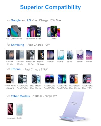 Image of NANAMI Wireless Charger - Fast Wireless Charging Stand Compatible with Apple iPhone 17 /17 Pro /17 Pro Max /16 /15 /14 /13 /12 Pro, Desktop Phone Charger for Samsung Galaxy S26 /S26+ /S25 /S24 /S23 /S22 /S21