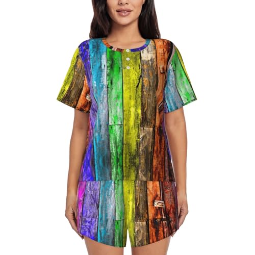 Pyjama manches courtes femme à poches ensemble imprimé bois coupe ample