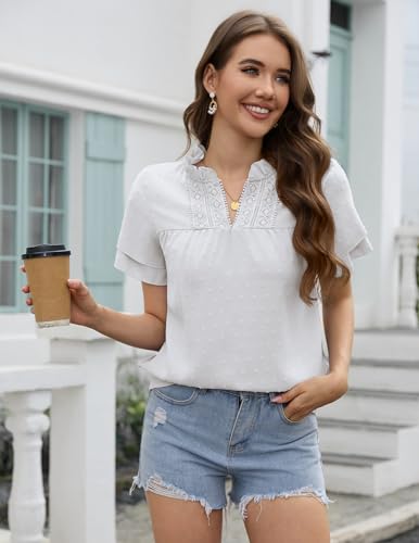 Aprolive Women's Butterfly Sleeve V Neck Shirts Boho Flowy Swiss Dot Blouses Dressy Casual Summer Top (A White, S) — view 4