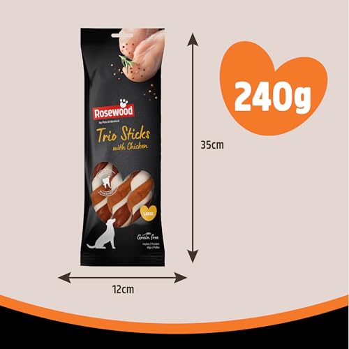 Rosewood Large Trio Sticks for Dogs - Made with Chicken, Grain Free Chews, High Protein Dog Treats, By Pets Unlimited (3pc, 240g) - Image 3