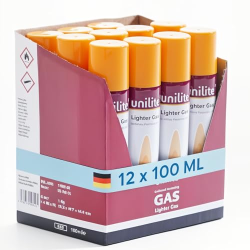UNILITE 12, 8 oder 4 x Feuerzeuggas 100 ml Kartusche zum nachfüllen für Feuerzeuge, Flambierbrenner, Sturmfeuerzeug, Stabfeuerzeug & Co. – mit 5 x...