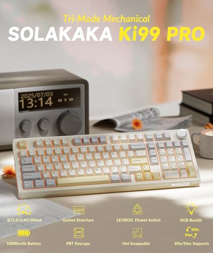 Image of SOLAKAKA KI99 Pro 96% Wireless Gaming Keyboard, RGB Creamy Keyboardw with Knob, Hot-Swappable Pre-Lubed Switches, Gasket Structure Mechanical Keyboards (Beige-White, Non-Silent Version)
