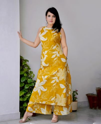 Image of Klosia Women Pure Cotton Kurta Palazzo Set | Sleeveless Printed Kurta with Palazzo Pants | Summer Friendly, Office Wear Co-Ord Sets