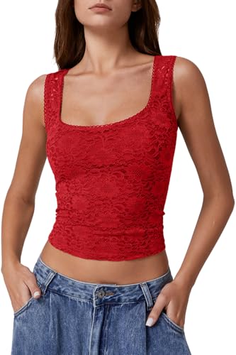 QINSEN Woman's Basic Lace Top Sleeveless Square Neck Tee Shirt Bodycon Tank Top Red XS