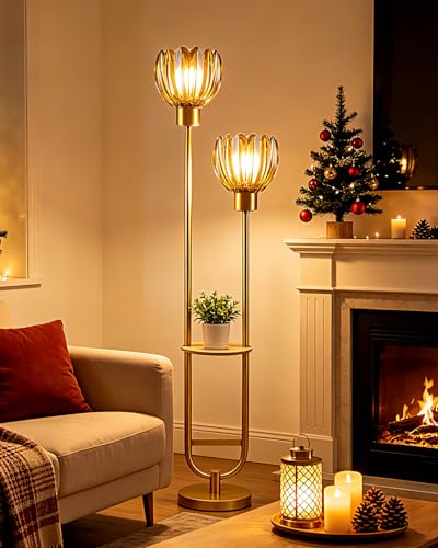 Image of Lightdot Glass Floor Lamp with Table 2-Lights Modern Gold Standing Tall Lamps with Amber Lotus Glass Shade,LED Floor Lamp with Foot Switch for Living Room Bedroom Home Office (Bulbs Included)