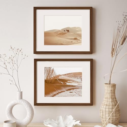 Image of FLYJOE 11x14 Oak Wood Picture Frame with Mat for 8x10, 11 by 14 USA-Sourced Natural Solid Wooden Photo Frame for Wall Display, Shatterproof Plexiglass, Hanging Hardware Included, Walnut Color
