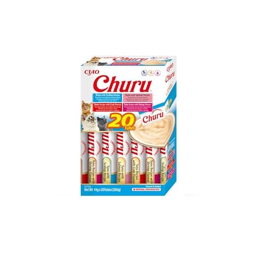 INABA Churu - Premios Puré para Gatos - 4 Sabores Mariscos y Atún - Deliciosos Snacks para Felinos - Textura Blanda y Cremosa - Adiestramiento - 20 Tubos x 14g