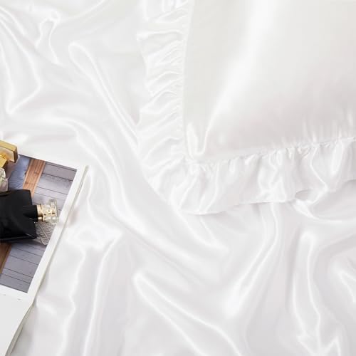 Image of Homiest White King Ruffle Pillowcase & Satin Fitted Sheet Set 3Pcs | Silky Satin Protects Hair And Skin, 15-Inch Deep Pocket, Pearlescent Crisp Clean Sheen, Easy Machine Wash Care