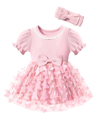 Qaoerde Baby Girl Dress Puff Sleeve Tutu Dress Butterfly Tulle Dress Flower Girl Birthday Party Princess Dresses