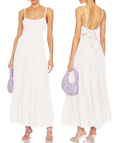 ALENDA DANMOS Women's Spaghetti Straps Maxi Dress Flowy Pleated Swing Beach Long Dress Low Backless Sundress 189
