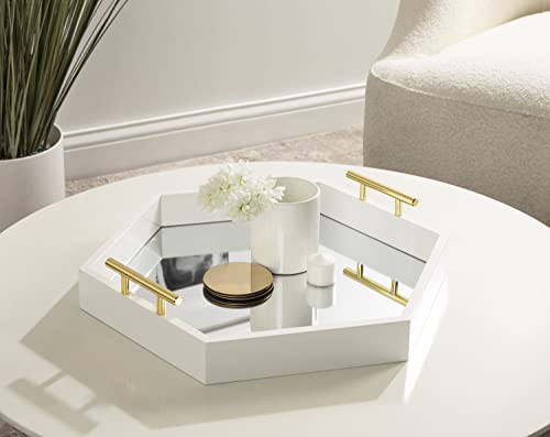 Image of Kate and Laurel Lipton Modern Hexagon Mirrored Tray; 18 x 18; White and Gold; Midcentury Decorative Serving Tray for Storage and Display