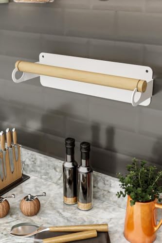 LMZ Yapışkanlı Doğal Gürgen Ağaç Ahşap Bar Metal Rulo Kağıt Havluluk, Kağıt Havlu Standı, Banyo Mutfak Havlu Çubuğu, Peçetelik Kağıt Havlu Rafı, Kağıt Havluluk Askısı (Metal, Beyaz) - Görsel 5