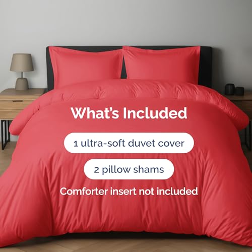 Image of Duvet Cover Queen Size Set - Extra Soft Queen Duvet Cover 90 inch x 90 inch with 2 Pillow Shams for Women, Men, Kids & Teens - Hotel Luxury, Easy-Care w / Zipper Closures & Ties - Comfy and Breathable (Red)