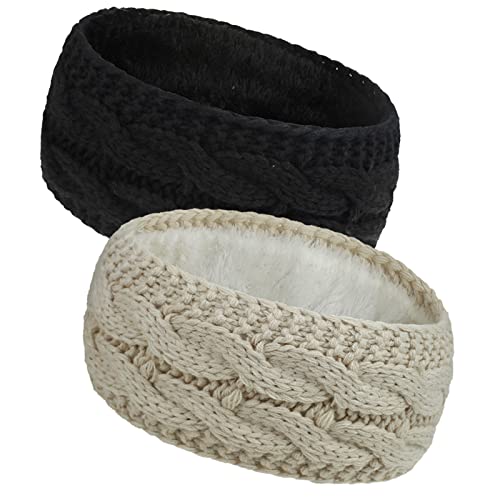 WiDream 2Pcs Mujeres Diademas Tejidas, Diademas de Punto, Punto Diademas con Forro Polar, Invierno Diadema de Punto para Uso Diario y Deporte (Negro y Beige) Cover