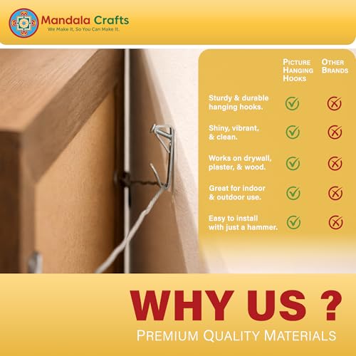 Image of Mandala Crafts Heavy Duty Pictures Hooks Kit for Mounting Art, Mirrors, Clocks Up to 50 lbs - 100 Gold Pictures Hangers with Hanging Nails for Hanging Paintings on Drywall, Plaster, Wood Walls