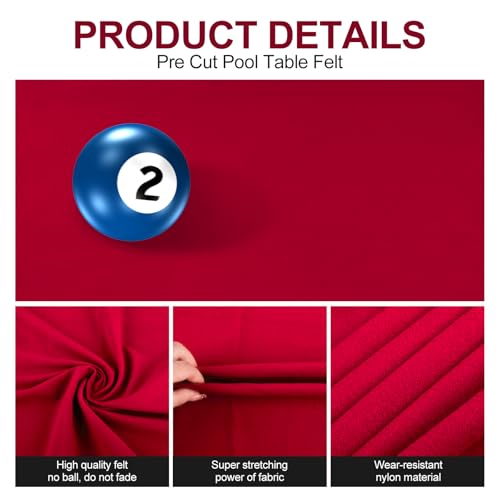 STRONGBERRY Pre-Cut Pool Table Felt Replacement Kit - 8ft Billiard Cloth w/Gloves, Strips & Tools, Felt for Pool Tables (RED) - Thumbnail 3