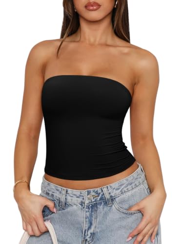 REORIA Women Strapless Tube Top Double Line Y2K Going Out Bandeau Crop Tank