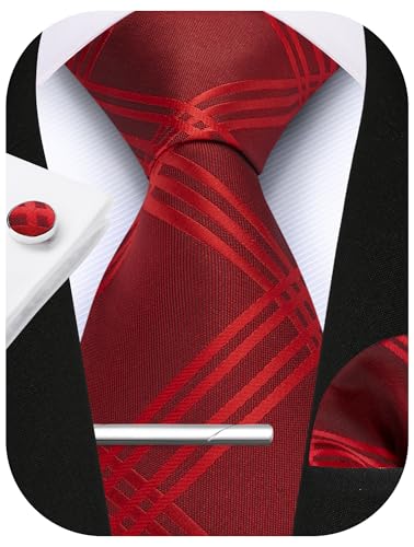 Image of HISDERN Plaid Ties for Men Classic Checkered Tie and Pocket Square Cufflinks Tie Clip Set Woven Men's Necktie Business