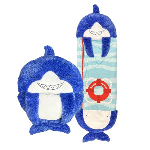 Happy Nappers Kids Sleeping Bag - Blue Shark Medium Size - Suitable for Children Aged 3 to 6 Years - Plush Toy Comfy Sleeping Bag & Fluffy Pillow All in One