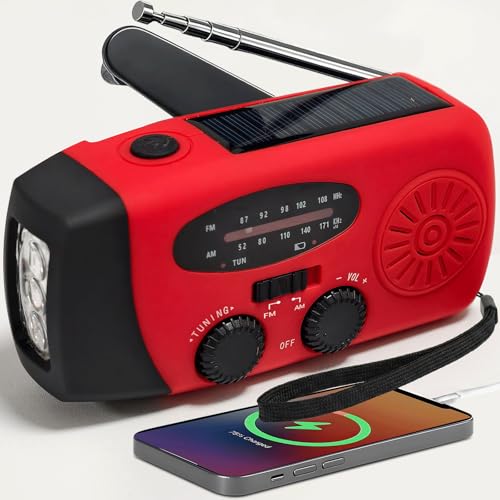 Radio Portable Urgence, Radio a Pile Rechargeable et Lampe Torche LED, Alarme SOS, Power Bank 2000mAh, Recharge par USB/Solaire/Dynamo, Radio AM/FM pour...