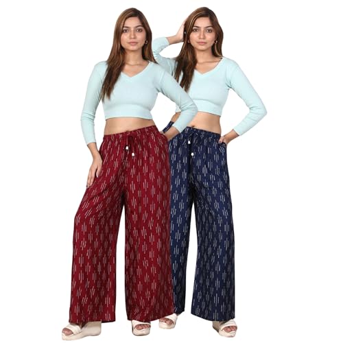Image of Women's Cotton Rayon Flair Printed Pocket Regular Palazzo Pack of 2